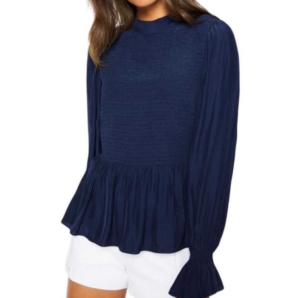 NWT Ramy Brook Justine Navy Smocked Top Blouse